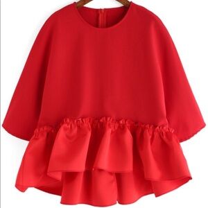 Red Round Neck Ruffle Dip Hem Blouse